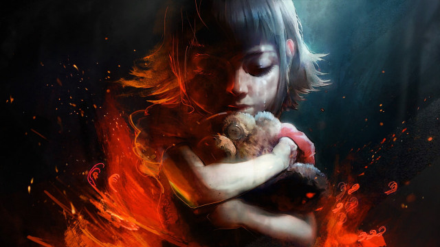 Woman holding teddy fire smoke free wallpaper for desktop - medium preview image