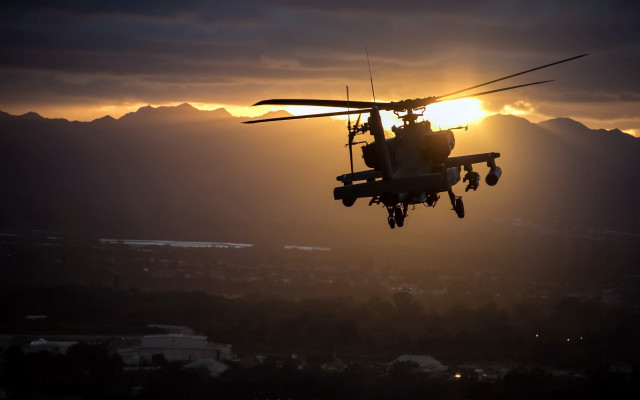 Helicopter sunset mountains backlit puzzle free wallpaper for desktop - medium preview image