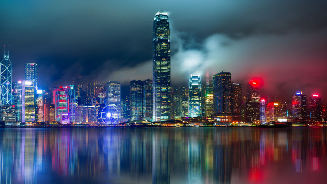 City skyline night reflection fog free wallpaper for desktop - medium preview image