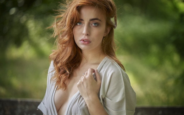 Redhead woman portrait park trees free wallpaper for desktop - medium preview image