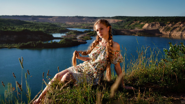 Woman hill lake mountains braid free wallpaper for desktop - medium preview image