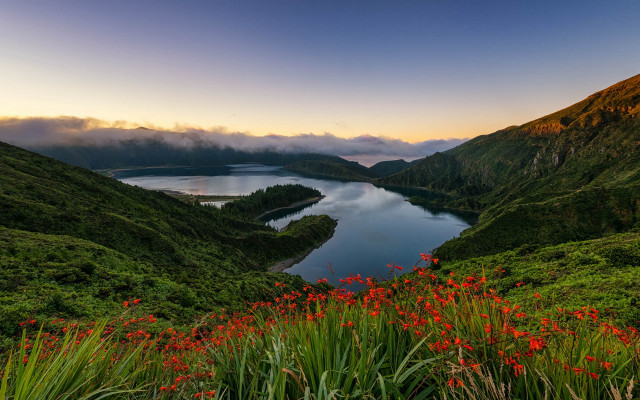 Lake mountains flowers sunset clouds free wallpaper for desktop - medium preview image