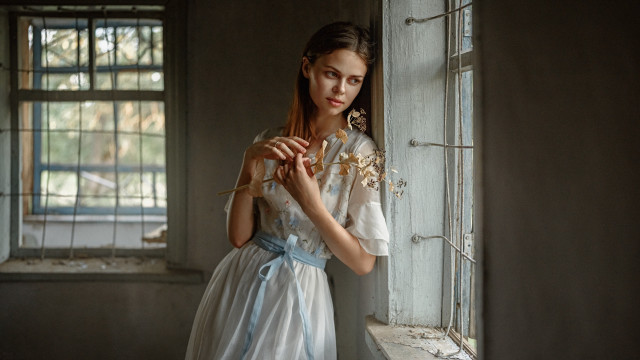 Woman white dress flower window free wallpaper for desktop - medium preview image