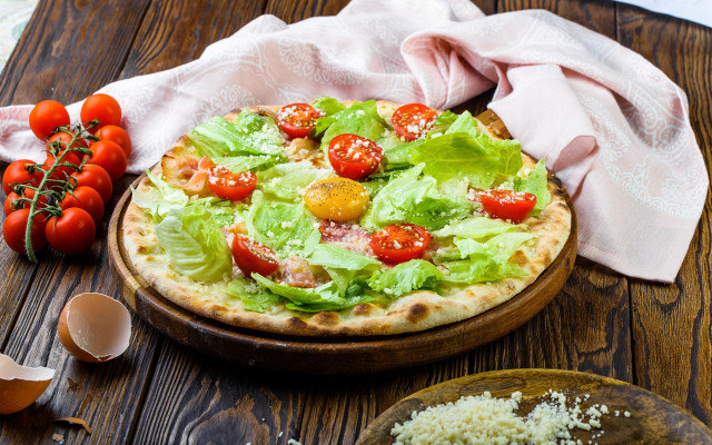 Pizza lettuce tomatoes cheese wooden free wallpaper for desktop - medium preview image
