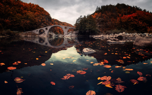 Bridge river autumn leaves fire free wallpaper for desktop - medium preview image