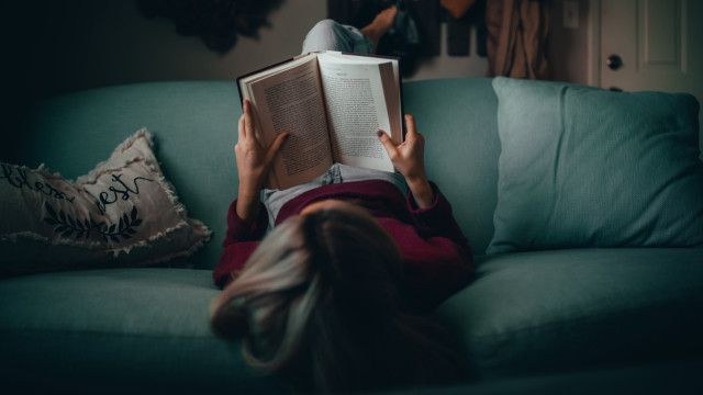 Woman reading on couch serious free wallpaper for desktop - medium preview image