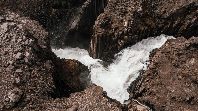 Waterfall rocky cliff forest matte free wallpaper for desktop - medium preview image