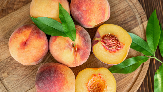 Wooden plate peaches leaves summer free wallpaper for desktop - medium preview image