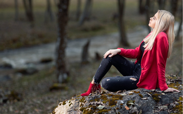 Woman sitting woods blonde denim free wallpaper for desktop - medium preview image