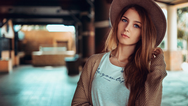 Woman hat white shirt portrait free wallpaper for desktop - medium preview image