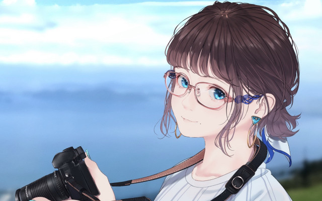 Girl glasses camera water sky free wallpaper for desktop - medium preview image