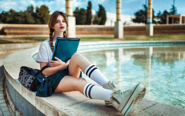 Girl bridge books blue sky free wallpaper for desktop - medium preview image