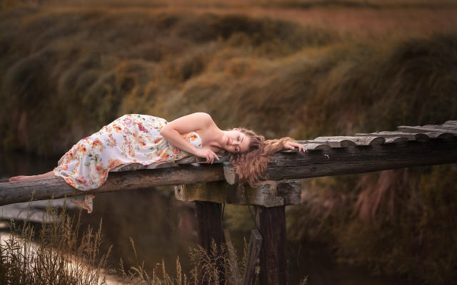 Woman lying bridge flowers dress free wallpaper for desktop - medium preview image