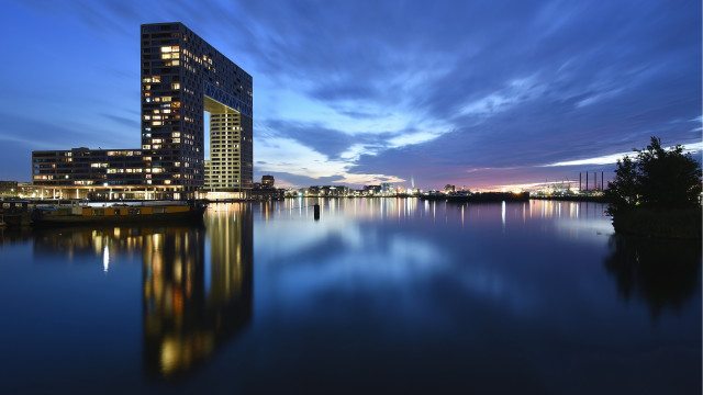 Large building lake tower cityscape free wallpaper for desktop - medium preview image
