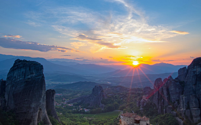 Sunset mountain village horizon clouds free wallpaper for desktop - medium preview image