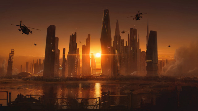 Futuristic city helicopter sunset skyline free wallpaper for desktop - medium preview image