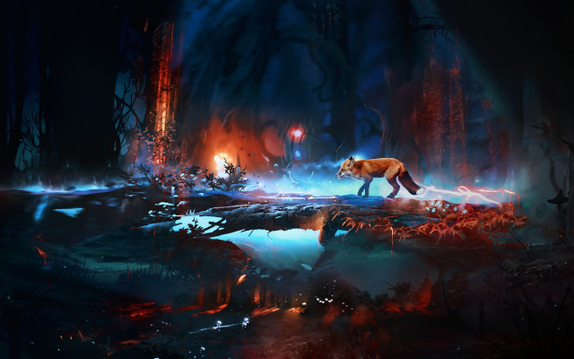 Tiger forest night fire man free wallpaper for desktop - medium preview image