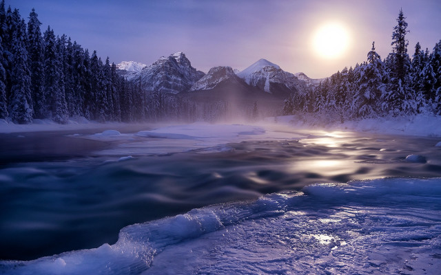 River mountain forest moonlight snow free wallpaper for desktop - medium preview image