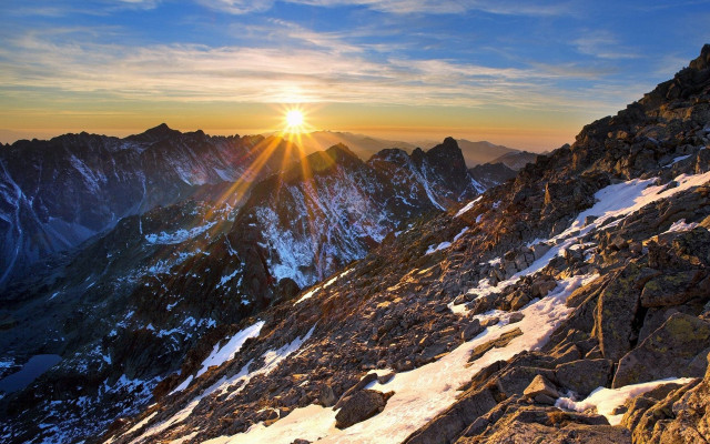 Mountain sunset snow bridge cityscape free wallpaper for desktop - medium preview image