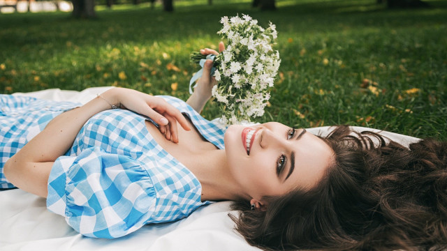 Woman flower smile outdoors plaid free wallpaper for desktop - medium preview image