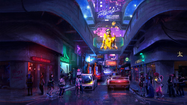 Cyberpunk group street neon car free wallpaper for desktop - medium preview image