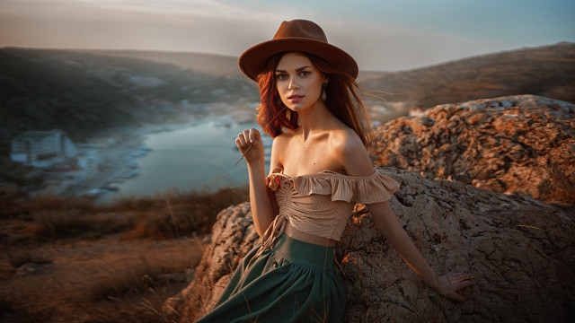 Woman hat lake sunset beach free wallpaper for desktop - medium preview image