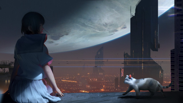 Woman cat cityscape night cyberpunk free wallpaper for desktop - medium preview image
