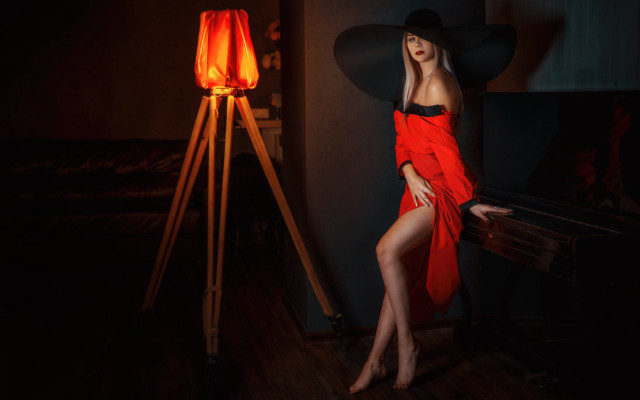 Woman red dress hat piano free wallpaper for desktop - medium preview image