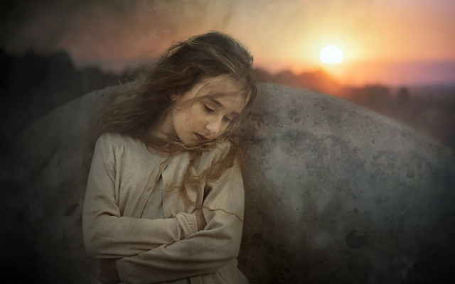 Prayerful girl sunset ocean moon free wallpaper for desktop - medium preview image