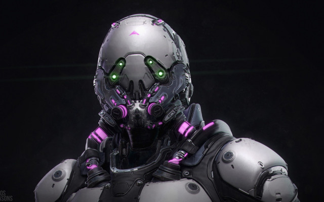 Robot green eyes cyberpunk armor free wallpaper for desktop - medium preview image