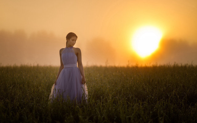 Woman dress field sunset fog free wallpaper for desktop - medium preview image