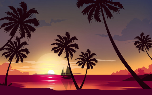 Sunset palm trees sailboat ocean free wallpaper for desktop - medium preview image