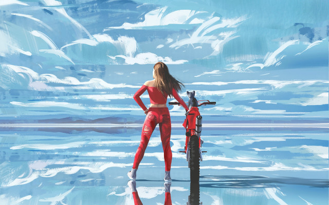 Woman red suit bike beach free wallpaper for desktop - medium preview image