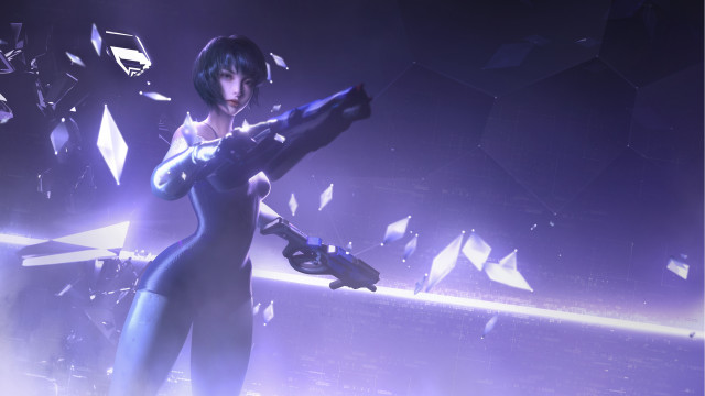 Futuristic woman cyborg gun bodysuit free wallpaper for desktop - medium preview image