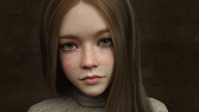 Freckled woman turtleneck photorealistic portrait free wallpaper for desktop - medium preview image