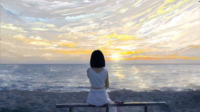 Woman bench ocean sunset painting free wallpaper for desktop - medium preview image