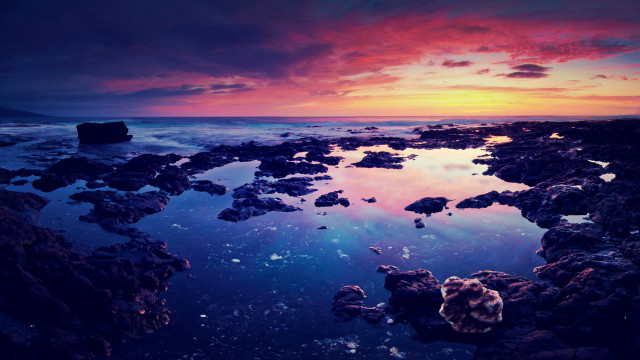 Sunset rocky beach mystical colors free wallpaper for desktop - medium preview image