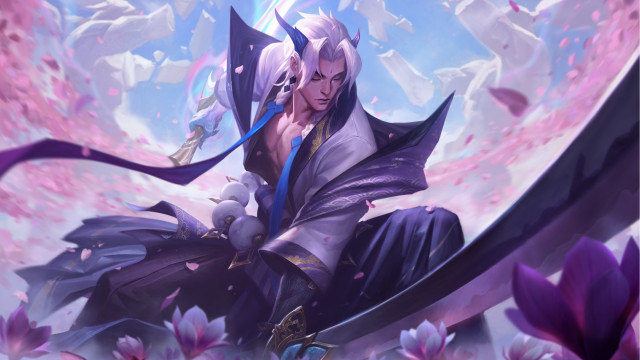 Man sword purple outfit flowers free wallpaper for desktop - medium preview image