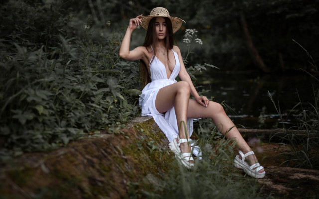 Woman white dress hat forest free wallpaper for desktop - medium preview image