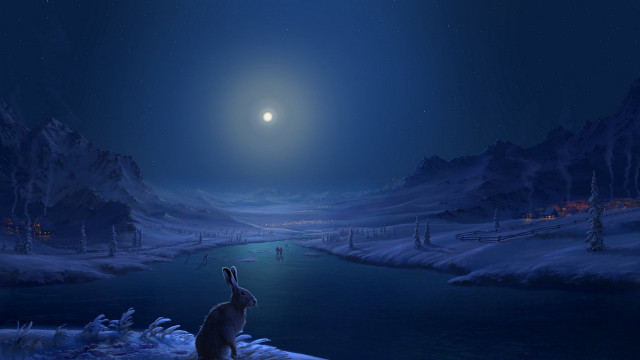 Cat snow moon stars river free wallpaper for desktop - medium preview image