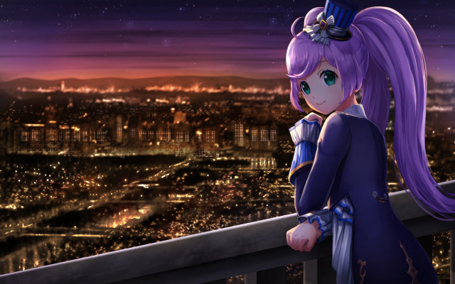 Purple hair girl balcony city free wallpaper for desktop - medium preview image