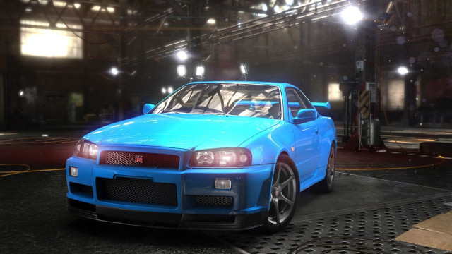Blue car garage man photorealism free wallpaper for desktop - medium preview image