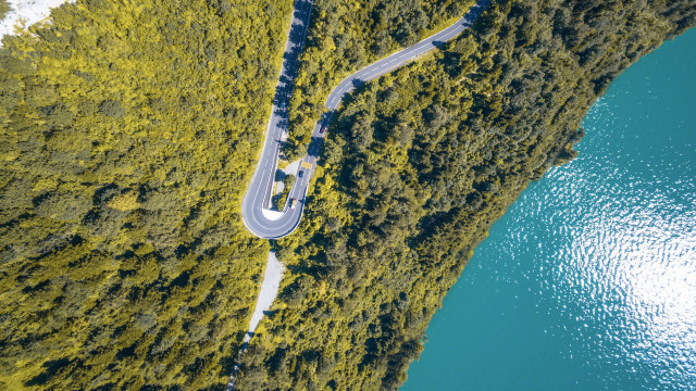 Winding road forest lake car free wallpaper for desktop - medium preview image