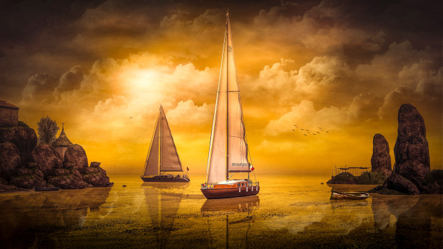 Sailboat sunset mountain cityscape ocean free wallpaper for desktop - medium preview image