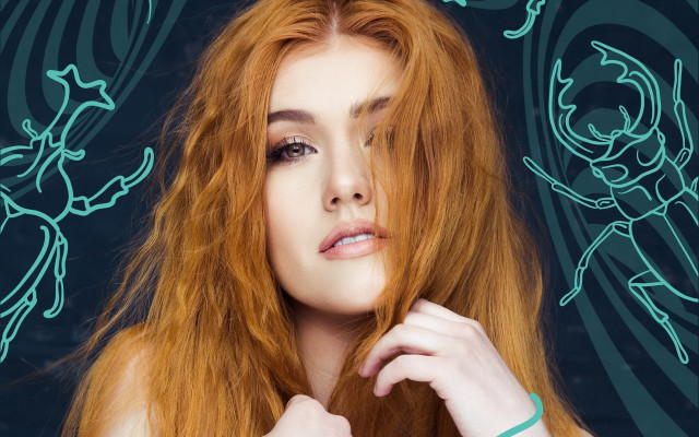 Woman redhair greenbracelet bluebackground demon free wallpaper for desktop - medium preview image