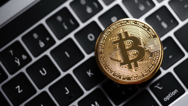 Bitcoin laptop keyboard futurism stock free wallpaper for desktop - medium preview image