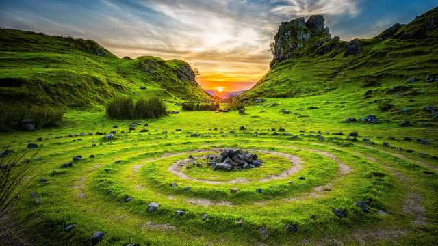 Green field spiral rock sunset free wallpaper for desktop - medium preview image