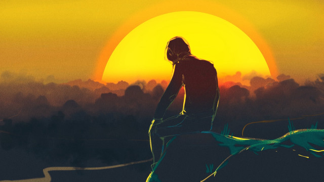 Hill bird sunset horse figurative free wallpaper for desktop - medium preview image