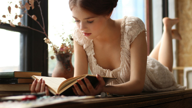 Woman reading book window flowers free wallpaper for desktop - medium preview image
