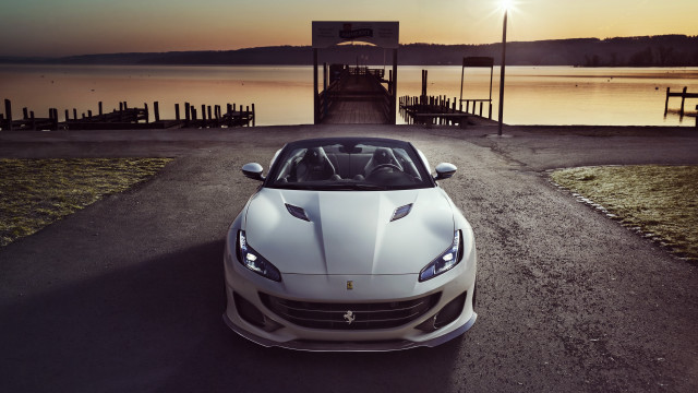 White sports car sunset dock free wallpaper for desktop - medium preview image
